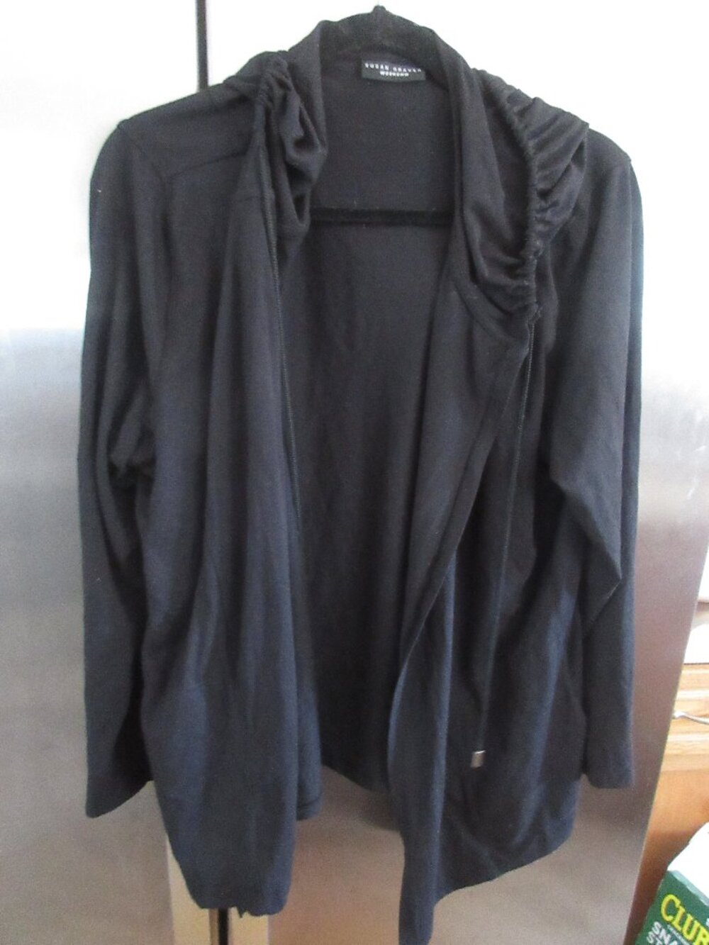 susan graver hooded modern lounge knit cardigan L roll tab cotton modal